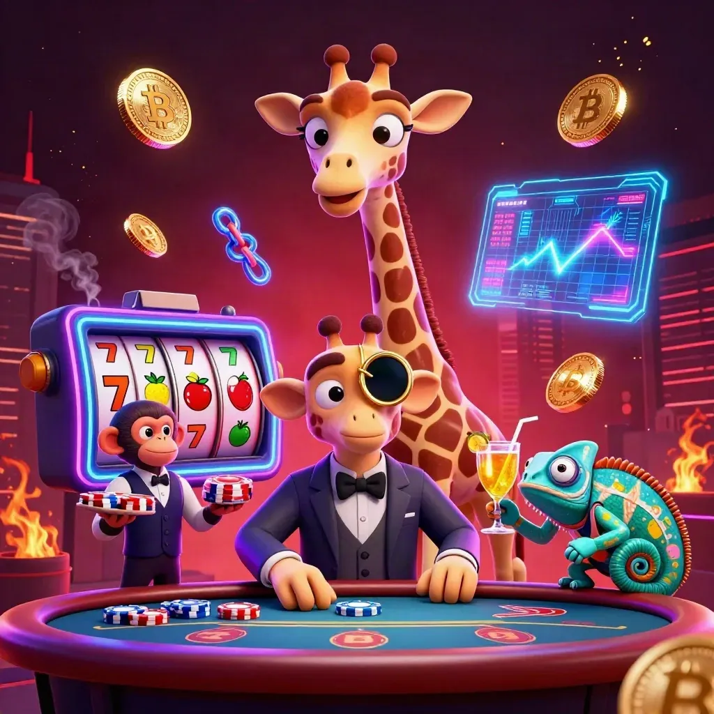 Giraffe, monkey, and chameleon casino key art with neon coins, reels, and city glow.