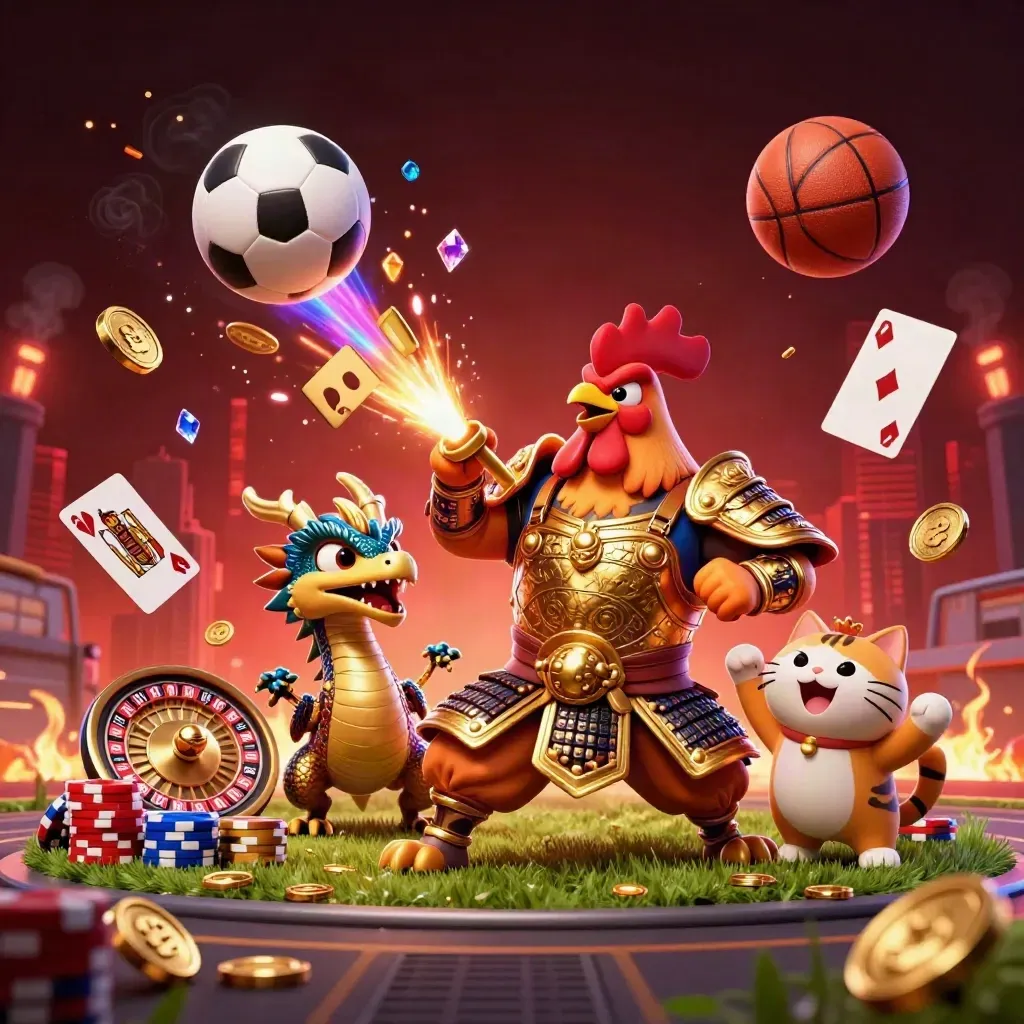Rooster warrior, dragon hatchling, and fortune-cat amid casino sports bursts, coins, chips, balls, and sparks.