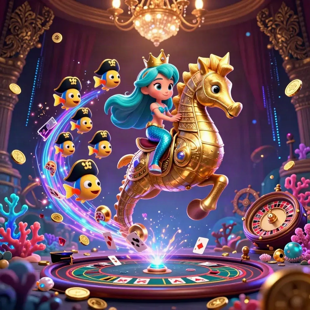 Mermaid princess rides a gold seahorse through an underwater casino treasure cove with neon magic.