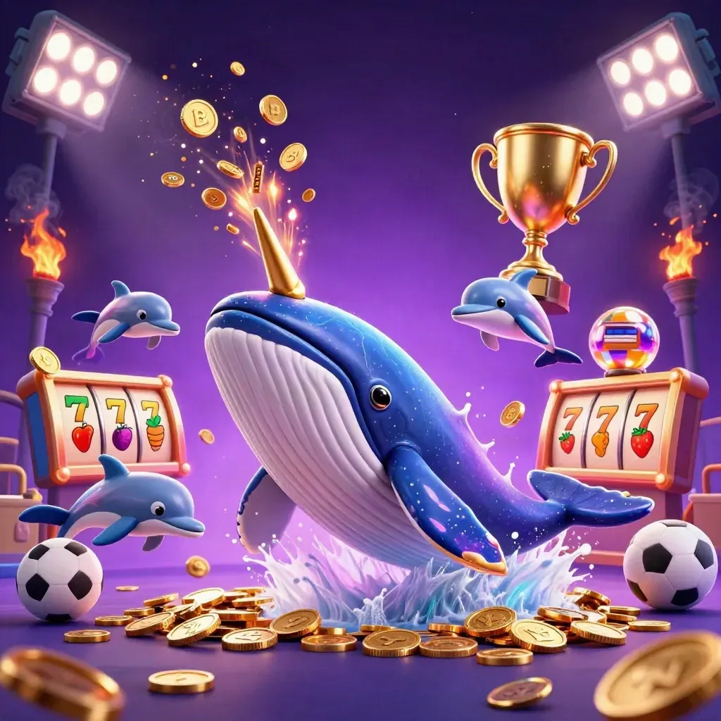 Whale captain, narwhal, and dolphins burst through coins with neon casino effects.