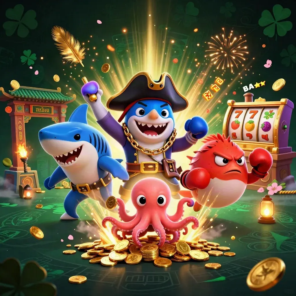 Pirate shark, boxing pufferfish, and juggling octopus amid gold coins, fireworks, and temple-ring chaos.