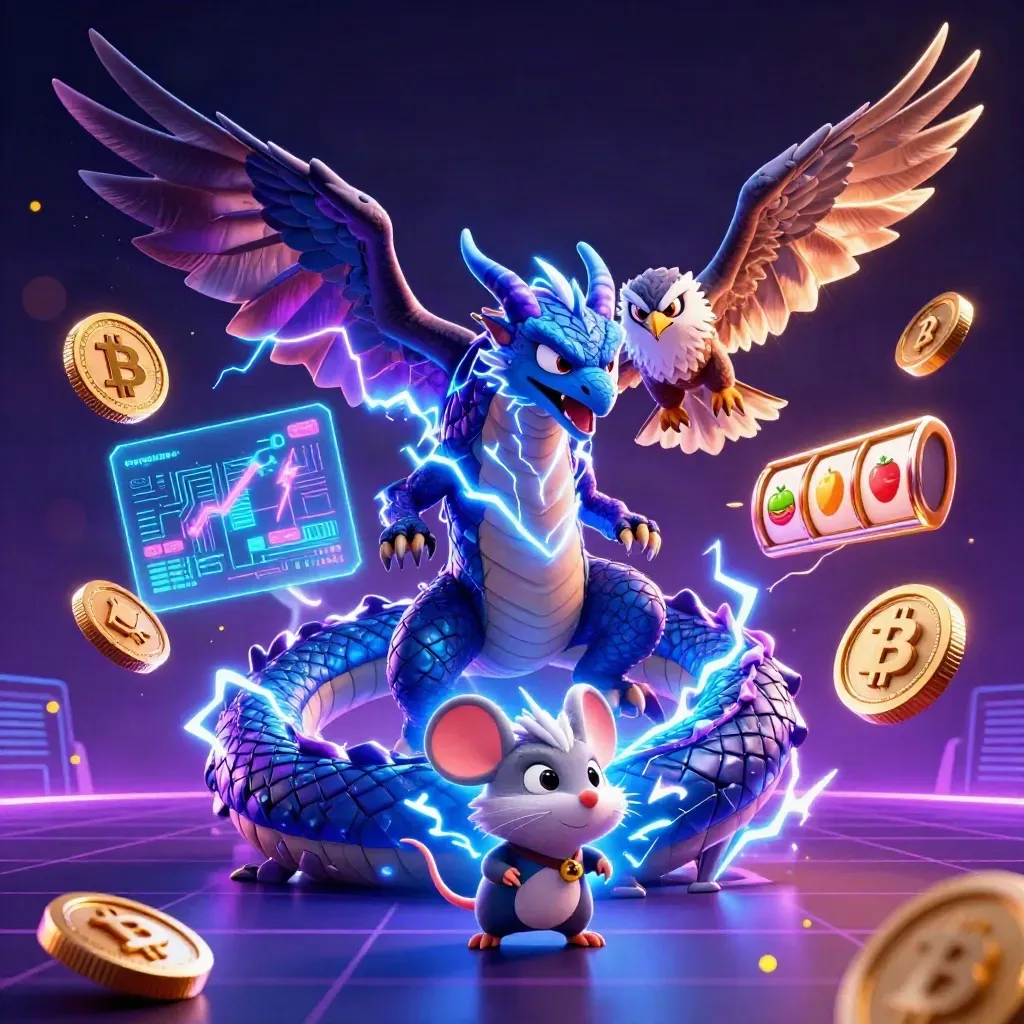 Thunder dragon, hawk, and mouse amid neon casino coins, lightning, and slot symbols